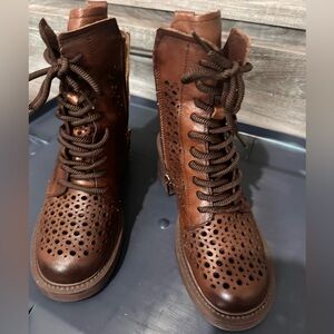 Handmade Leather 60mm Block Heel Boots for Women LaceUp Hollow Style in brown